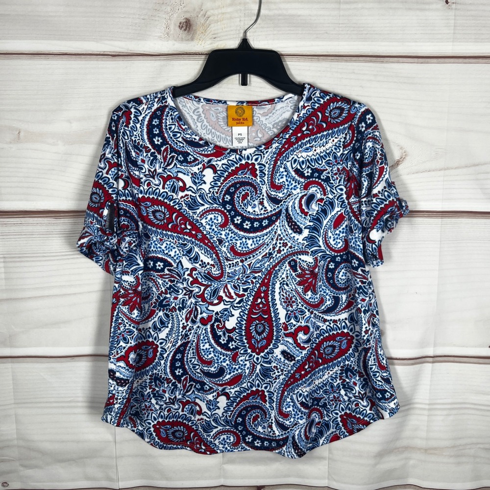 Ruby Rd. Paisley Top Womens PS Blue Red Tie Sleeve Swing Blouse Workwear Casual